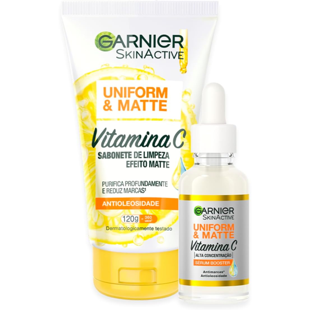 Kit Garnier Uniform & Matte Vitamina C — Creme de Limpeza 120g + Sérum Booster Antimarcas 15ml